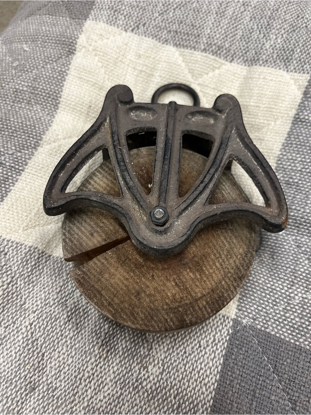 Antique Wooden Pulley with Cast Iron Bracket - Brown & Black